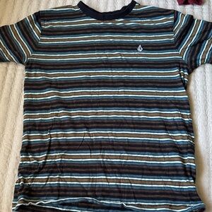 Volcom Blue and Brown Striped Tee
